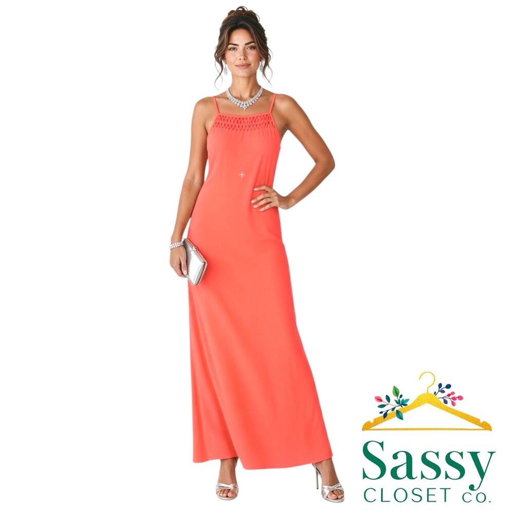 Sugar Lips Bright Orange Caged Lattice Neck Maxi Dress XS Lined Slit